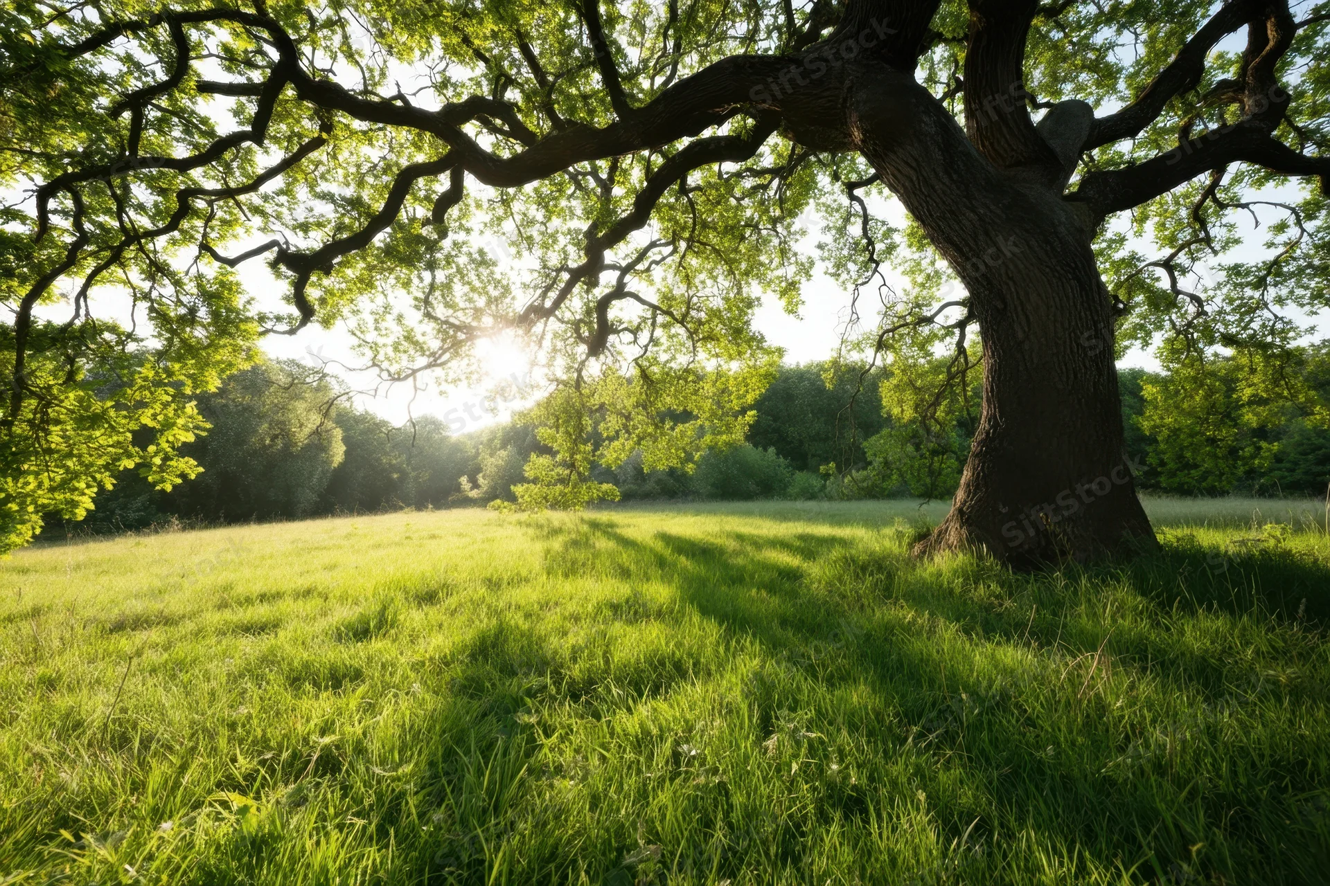Ancient twisted tree with sprawling branches casting shadows over a sunlit grassy meadow