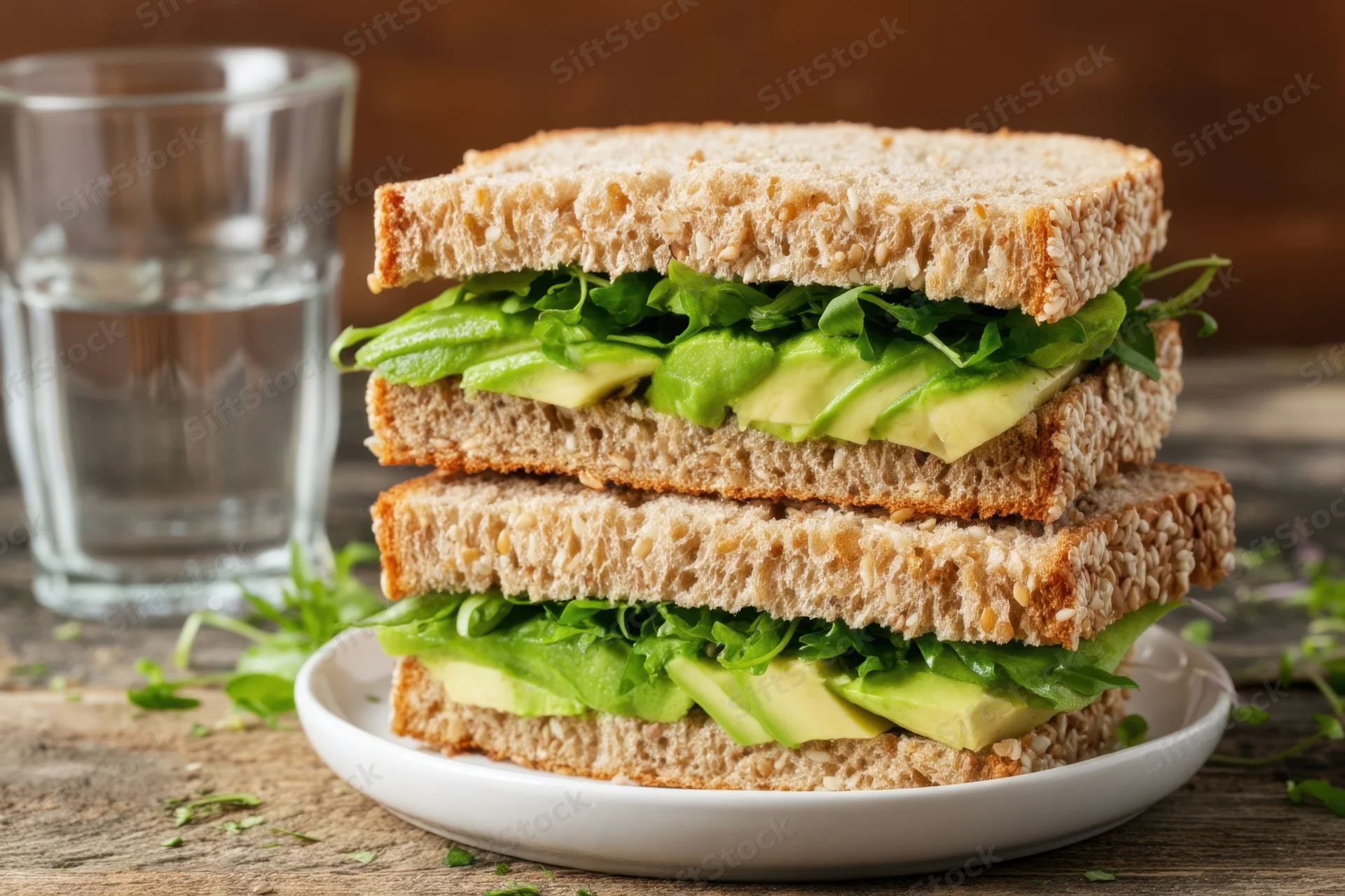 Two-tier sesame-seed crusted avocado and greens sandwich on a white plate with a glass of water beside it on a wooden table