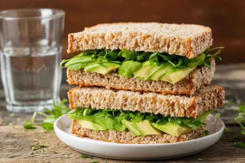 Two-tier sesame-seed crusted avocado and greens sandwich on a white plate with a glass of water beside it on a wooden table