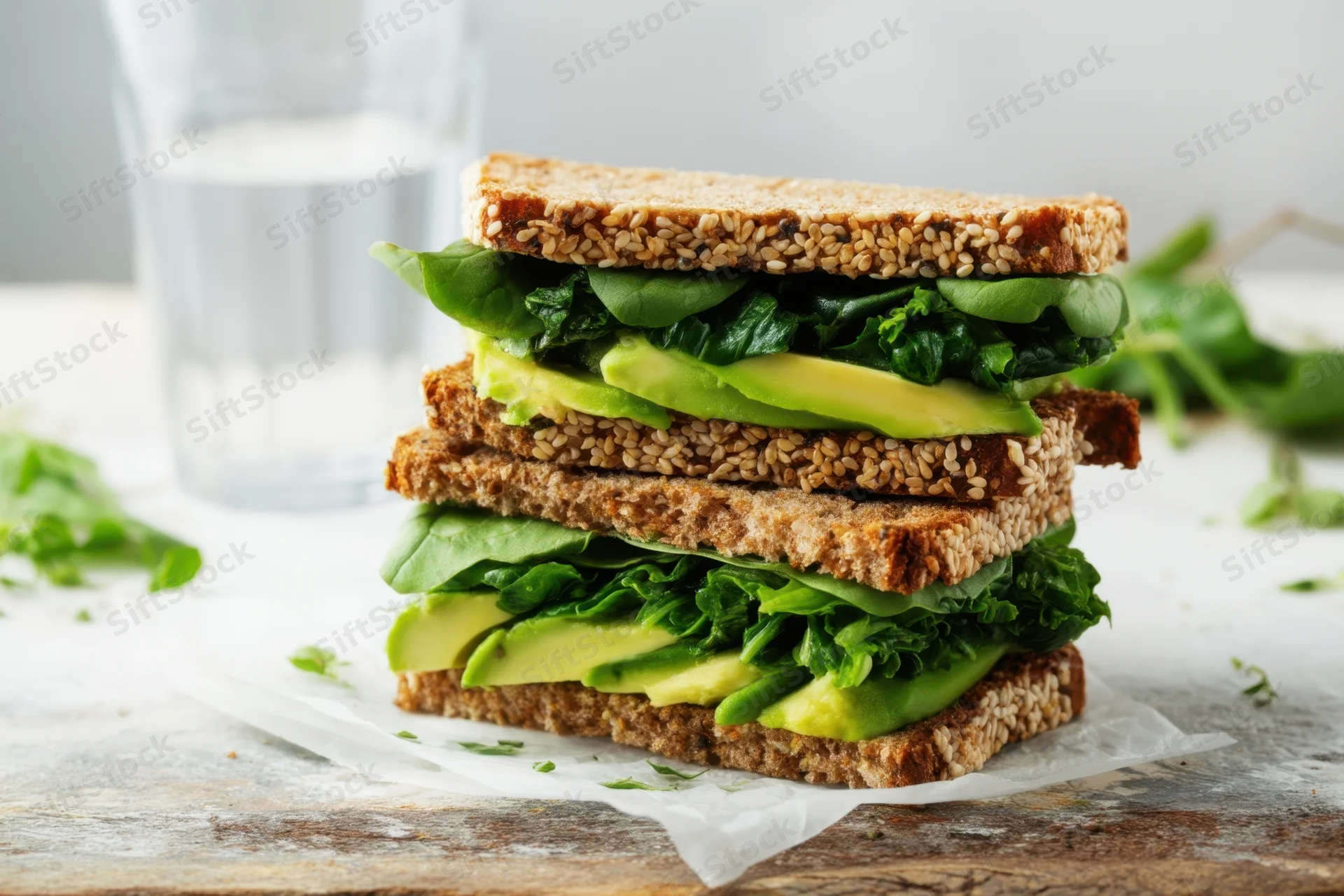 Two-tier sesame-seed crusted avocado and greens sandwich on parchment paper on wooden surface with glass of water nearby