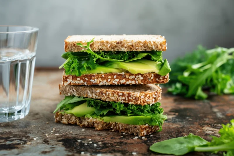Two-tier sesame-seed crusted avocado and greens sandwich stacked on a rustic wooden surface with a glass of water beside it