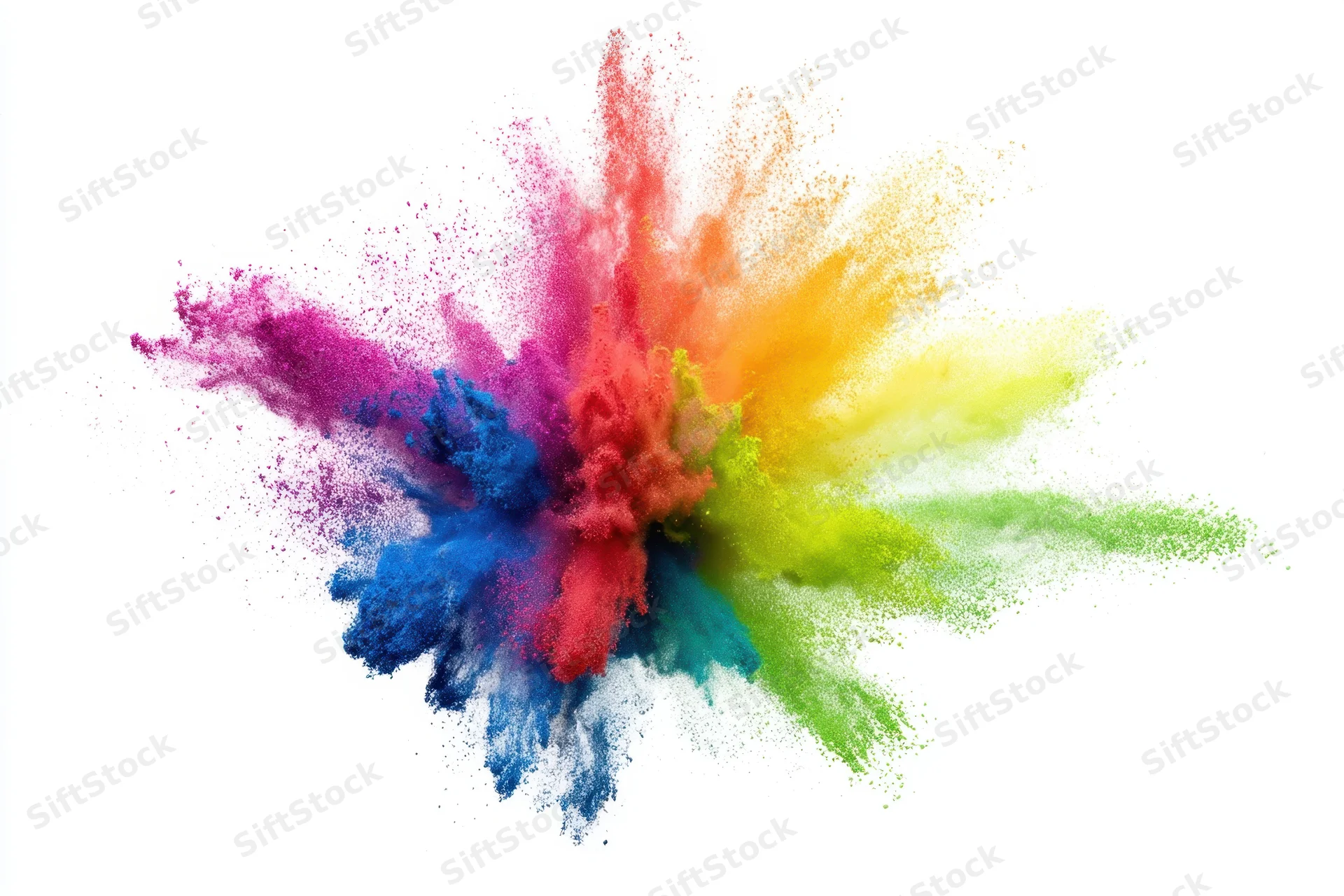 Of a rainbow powder burst erupting across a white background