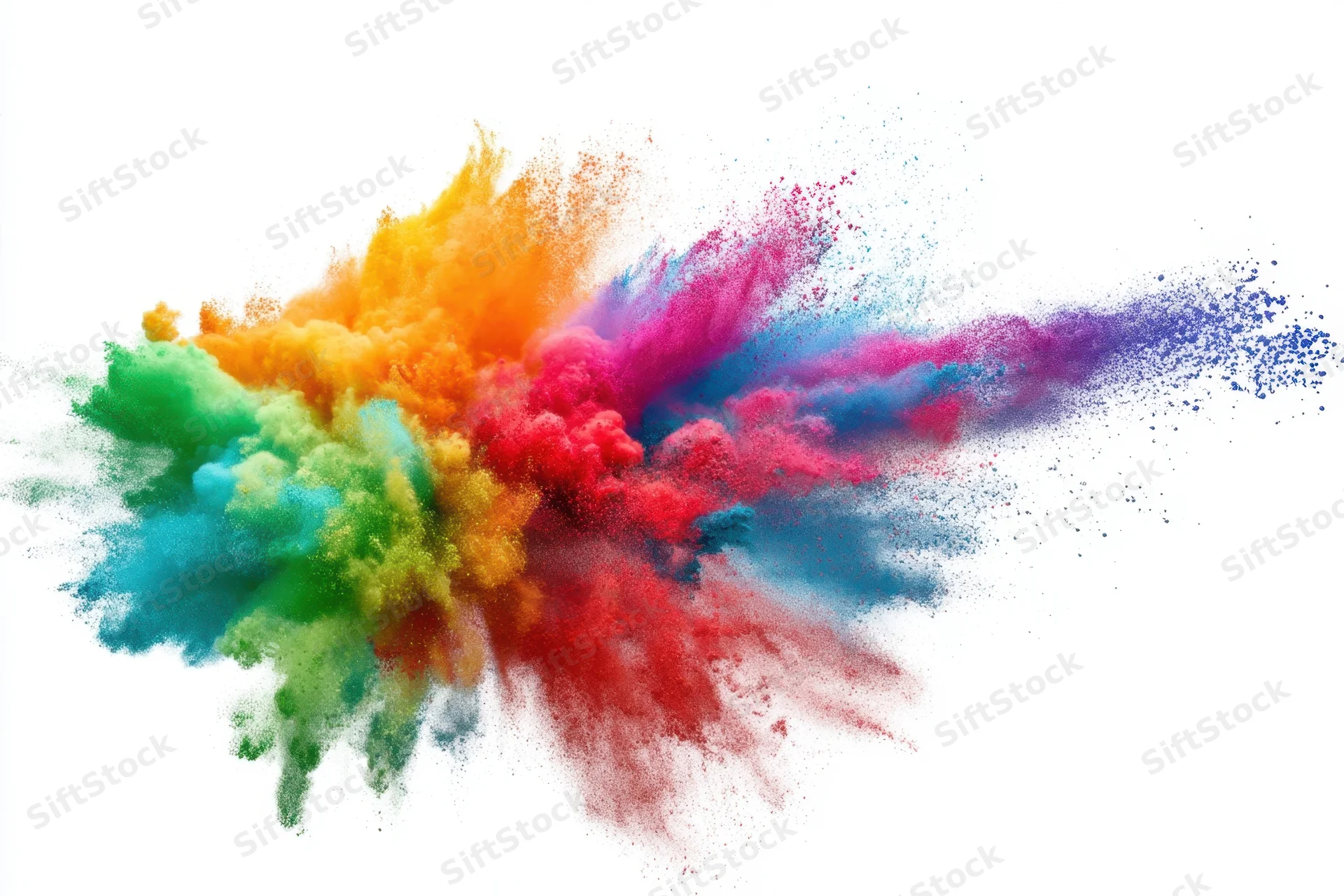 Colorful powder burst exploding in mid-air against white background