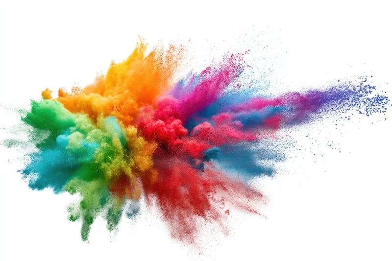 Colorful powder burst exploding in mid-air against white background