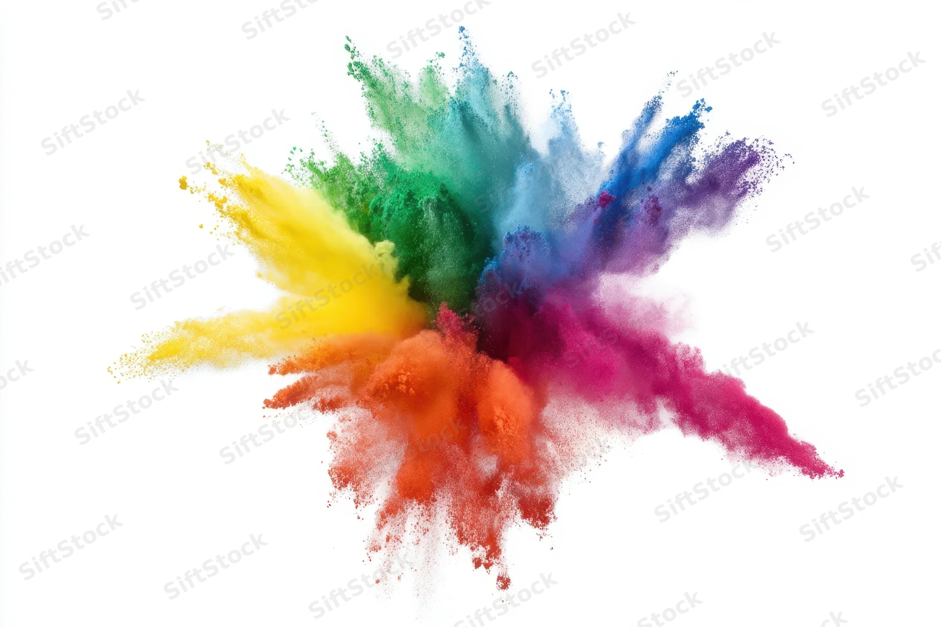 Colorful powder burst exploding in mid-air against white background