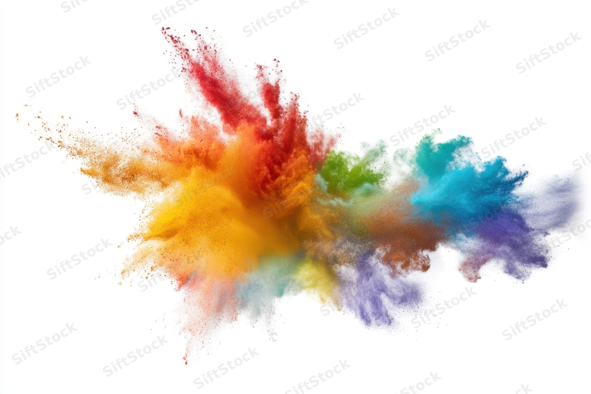 Vibrant rainbow powder burst exploding across a clean white background