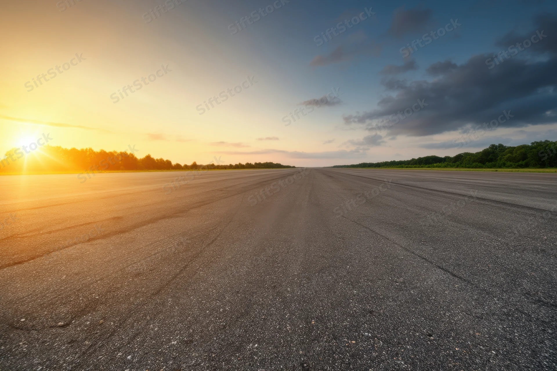 Wide empty asphalt runway stretching toward the horizon at sunset with trees lining the edges