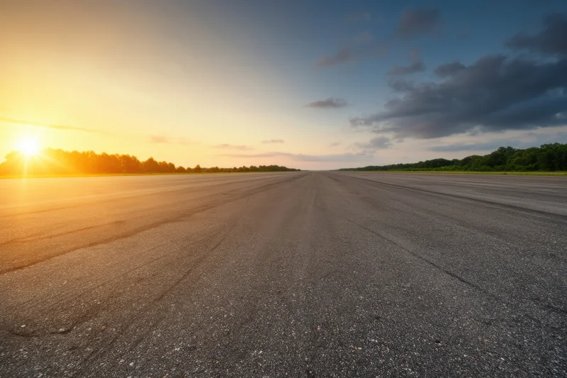 Wide empty asphalt runway stretching toward the horizon at sunset with trees lining the edges