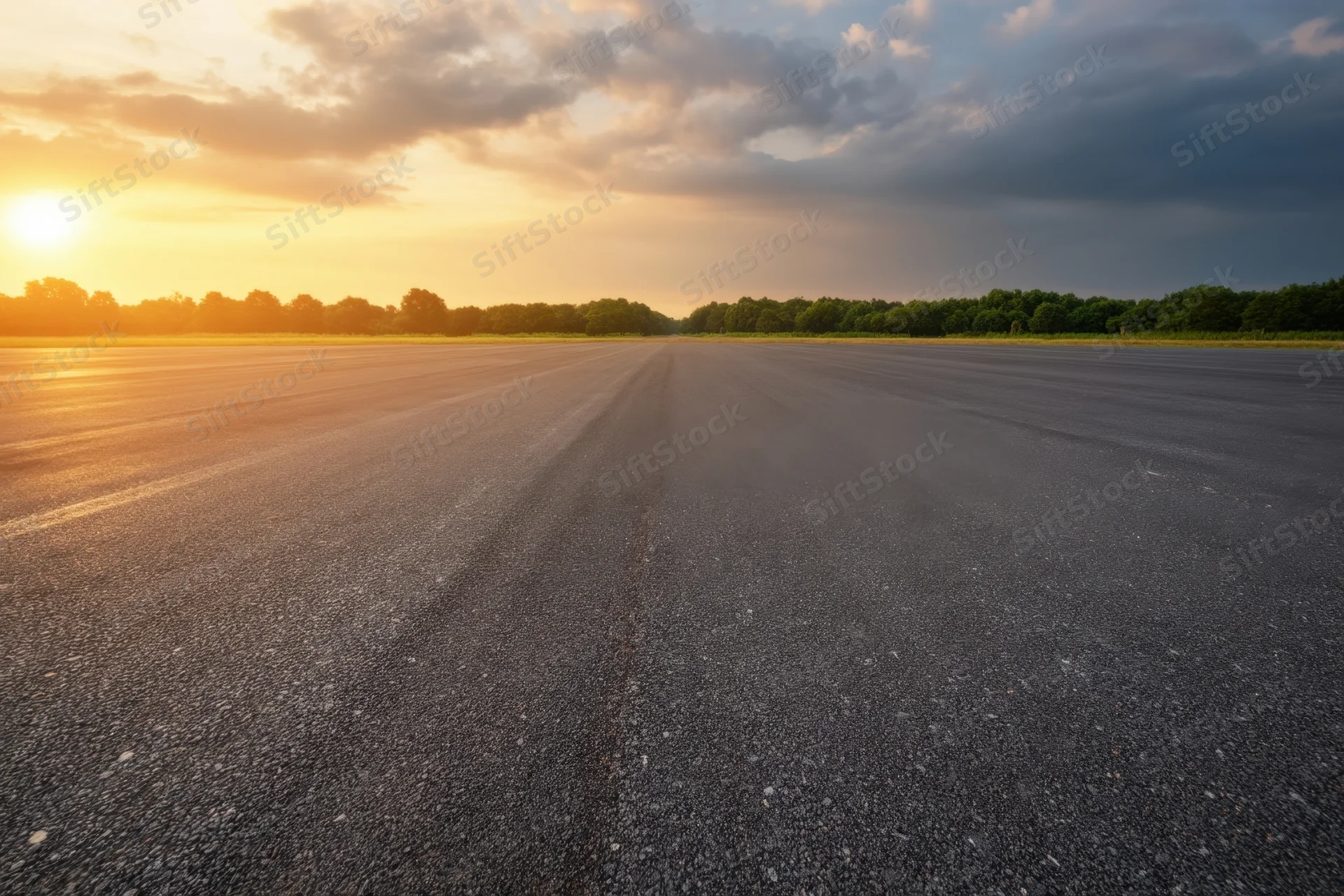 Wide empty asphalt runway stretching toward a tree-lined horizon at sunset