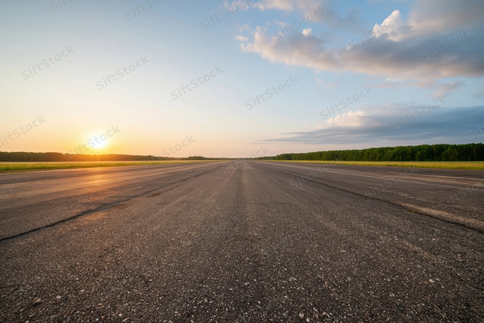 Wide empty asphalt runway stretching toward the horizon at sunset with trees and sky in the distance