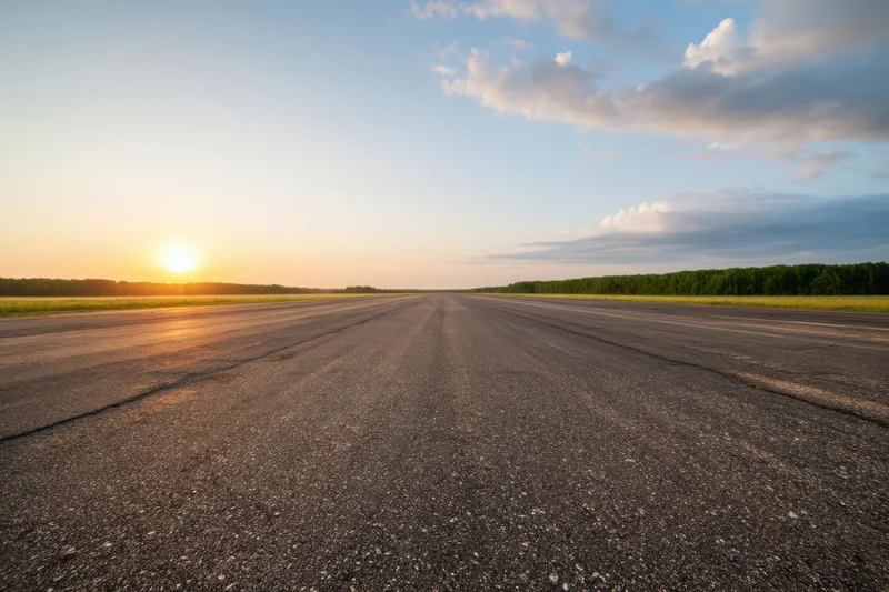 Wide empty asphalt runway stretching toward the horizon at sunset with trees and sky in the distance