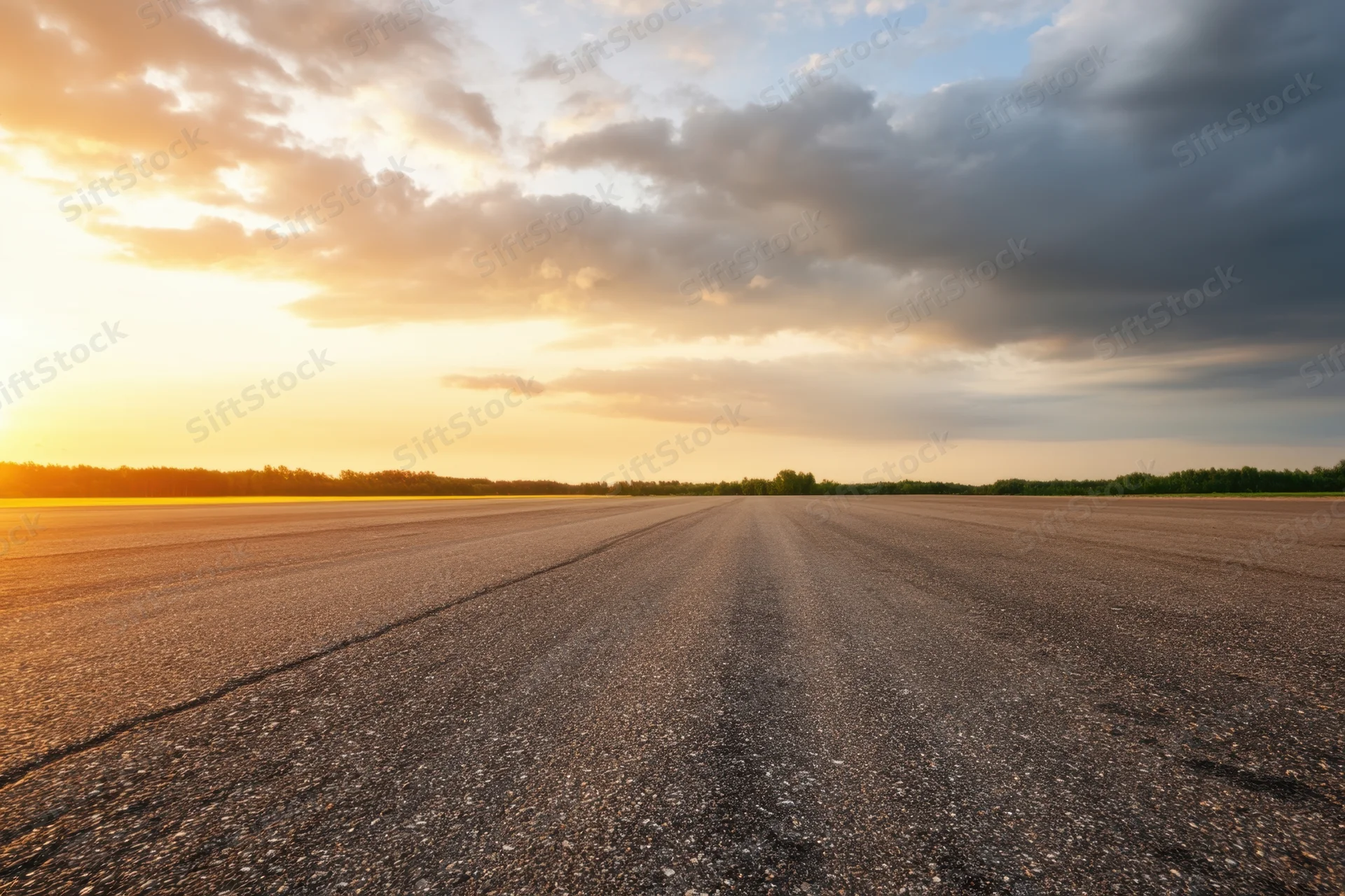 Wide empty asphalt runway stretching toward distant treeline under sunset sky