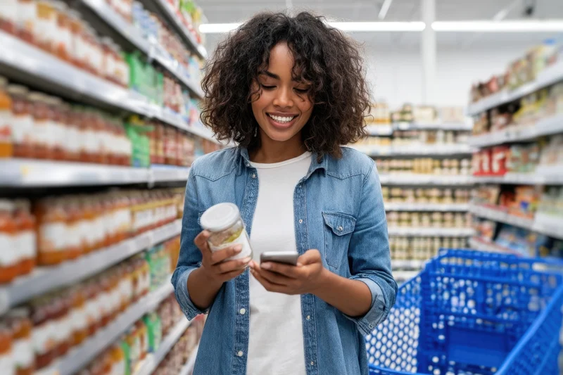 Woman smiling while checking smartphone and holding jar in grocery store aisle