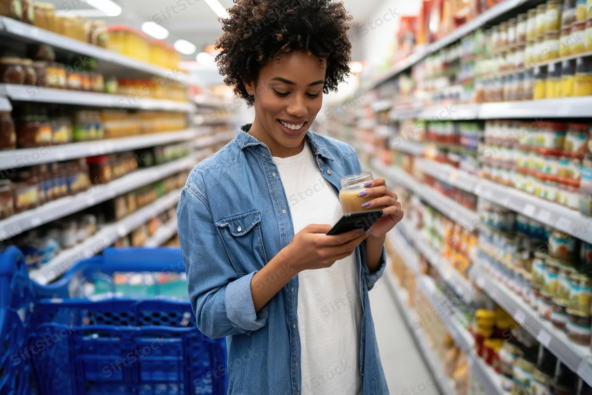 Woman smiling while reading a product label on her smartphone in a grocery store aisle