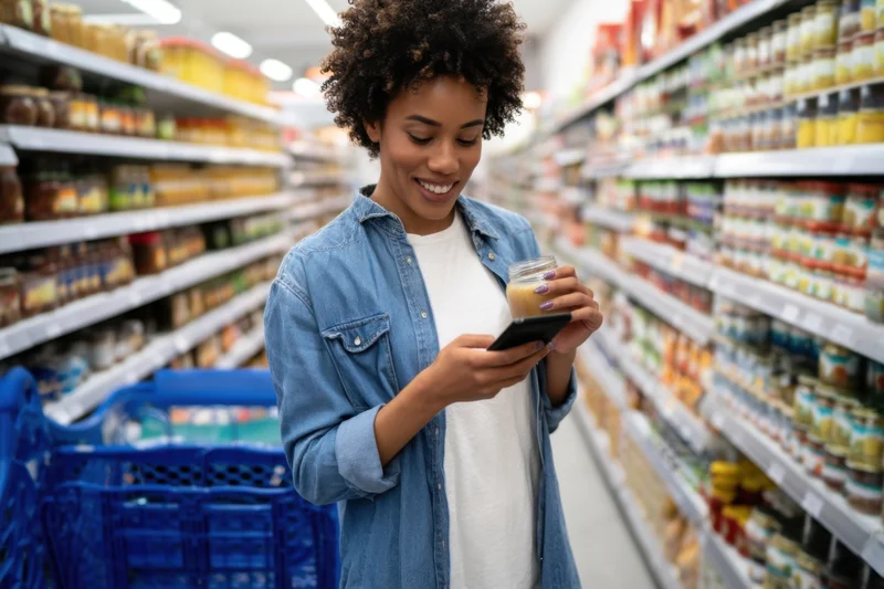 Woman smiling while reading a product label on her smartphone in a grocery store aisle