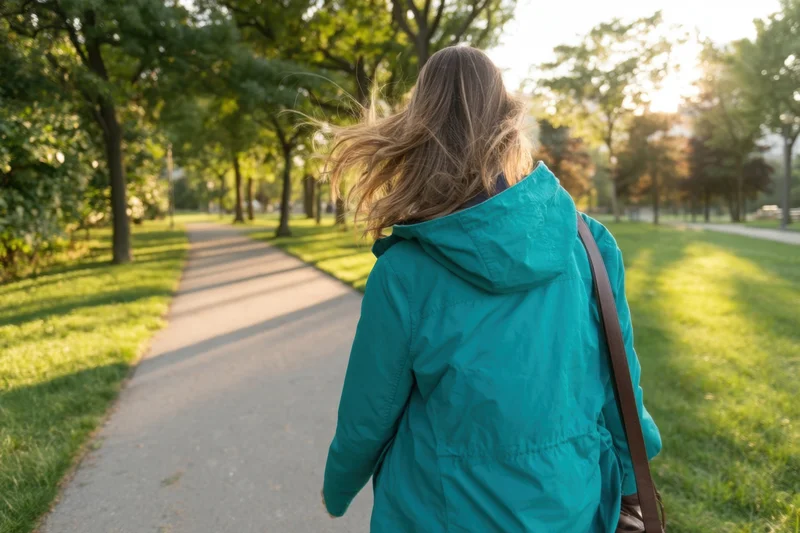 Woman walking along a sunlit park path wearing a teal jacket with hair blowing in the wind