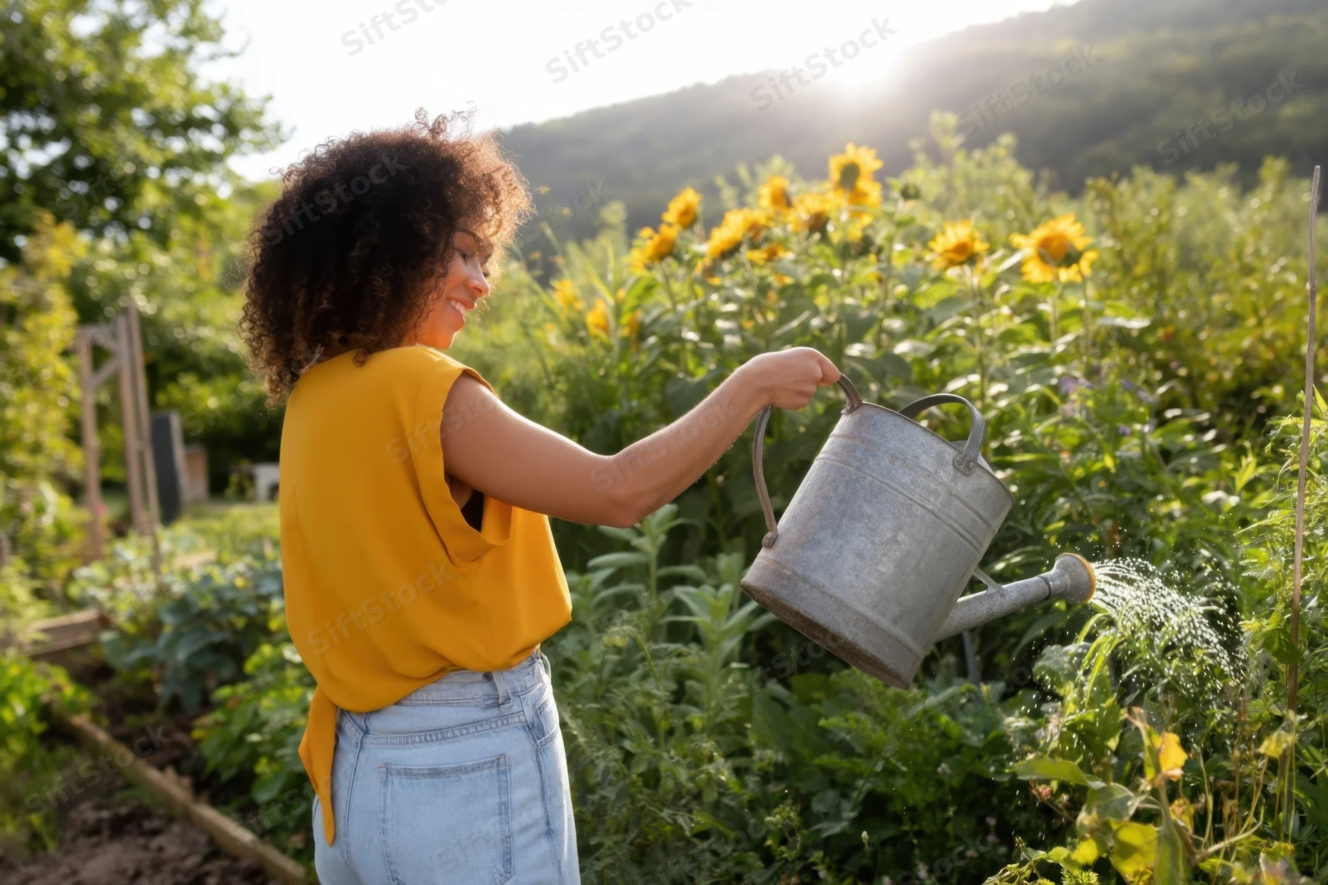 Woman watering sunflowers in a garden with sunlight behind her