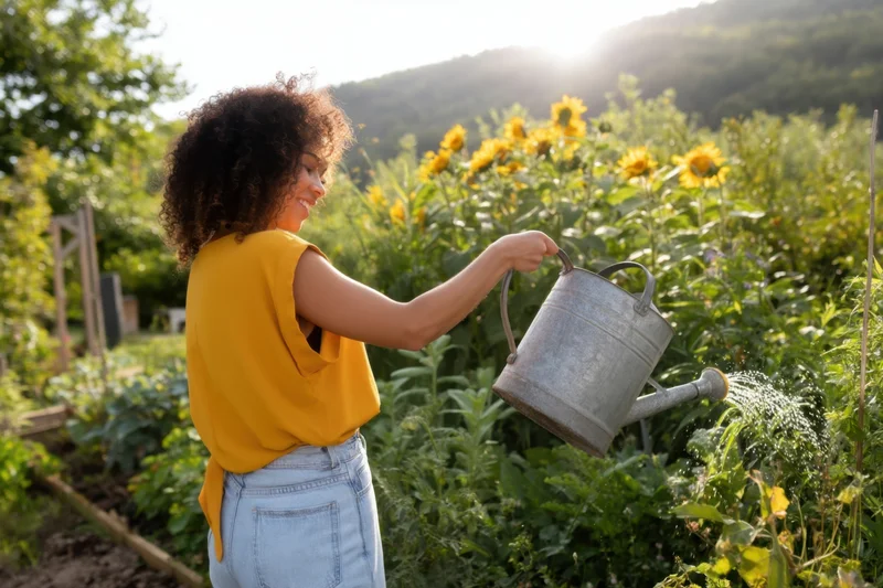 Woman watering sunflowers in a garden with sunlight behind her