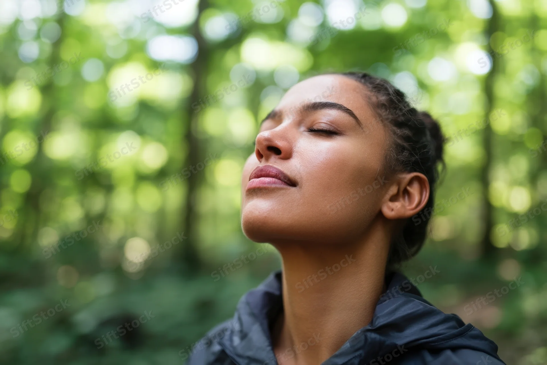 Woman with eyes closed and head tilted upward in a sunlit forest