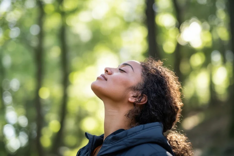 Woman with eyes closed and head tilted upward in a sunlit forest