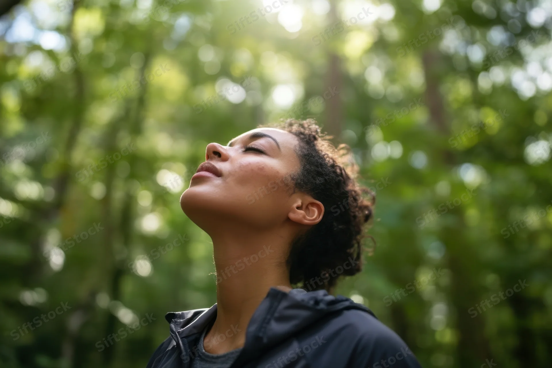 Woman with eyes closed and head tilted upward in a sunlit forest