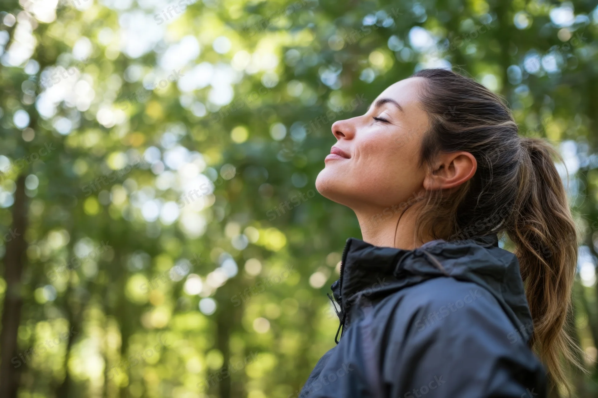 Woman with eyes closed and head tilted up in forest, wearing black jacket, surrounded by green trees and sunlight