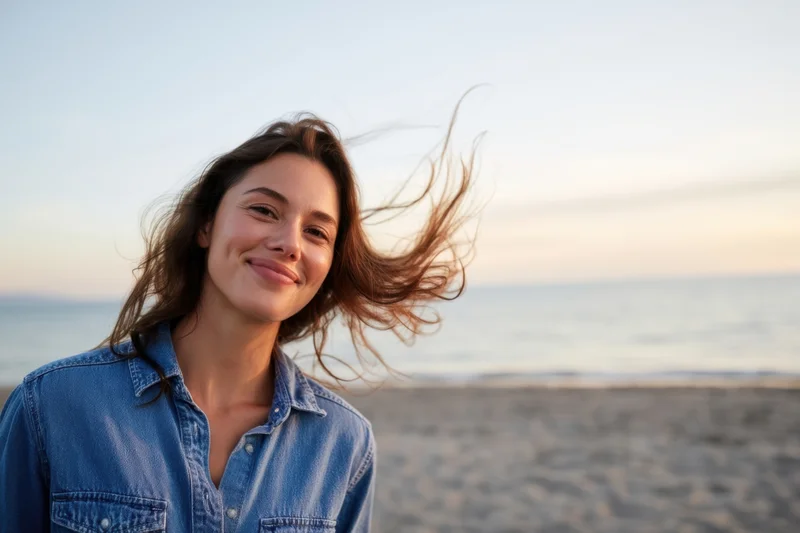 Woman smiling with windblown hair on a beach at sunset