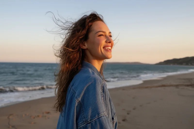 Woman smiling in profile on a beach at sunset with windblown hair and denim jacket