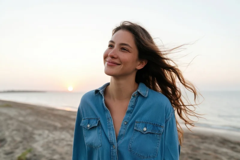 Woman smiling with windblown hair on beach at sunset