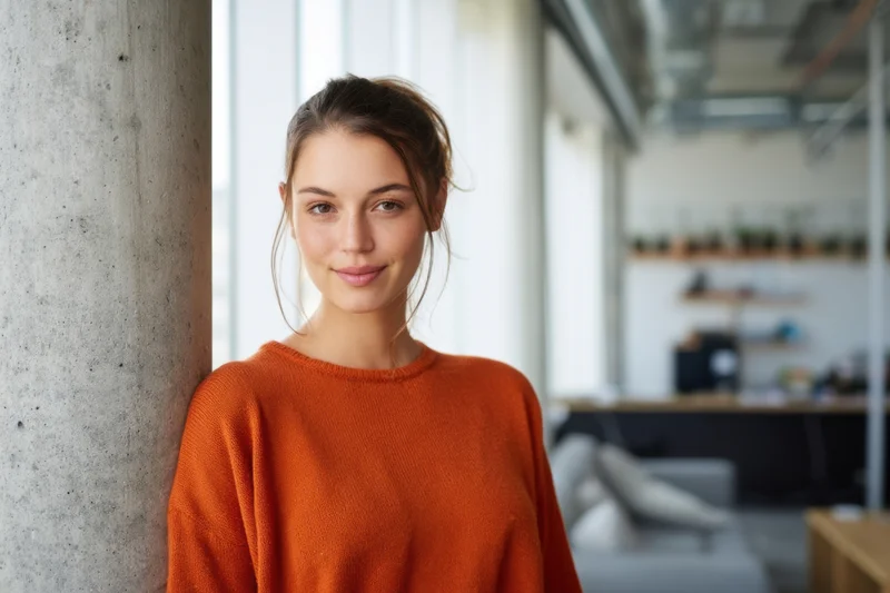 Young woman in orange sweater smiling while leaning against concrete column in modern office space