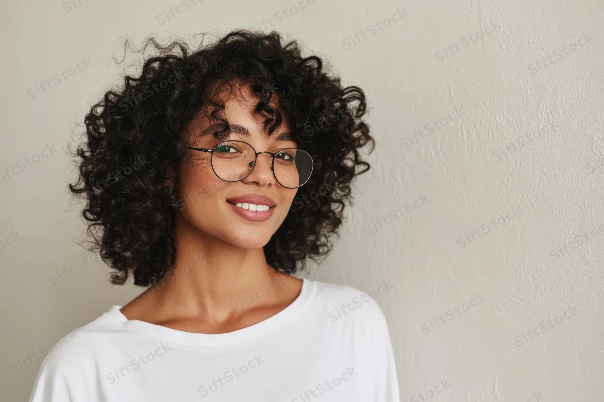 Young woman with curly black hair wearing round glasses smiling in a studio portrait