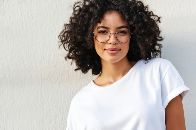Young woman with curly black hair and round glasses smiling in a white tshirt against a textured wall