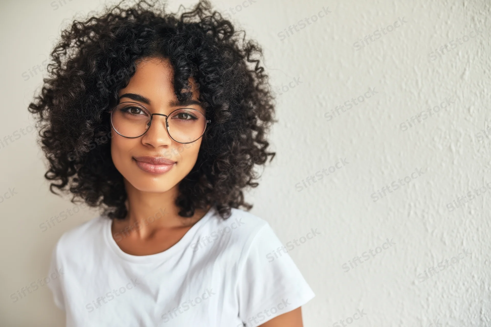 Young woman with curly black hair and round glasses smiling in a white tshirt against a light neutral background