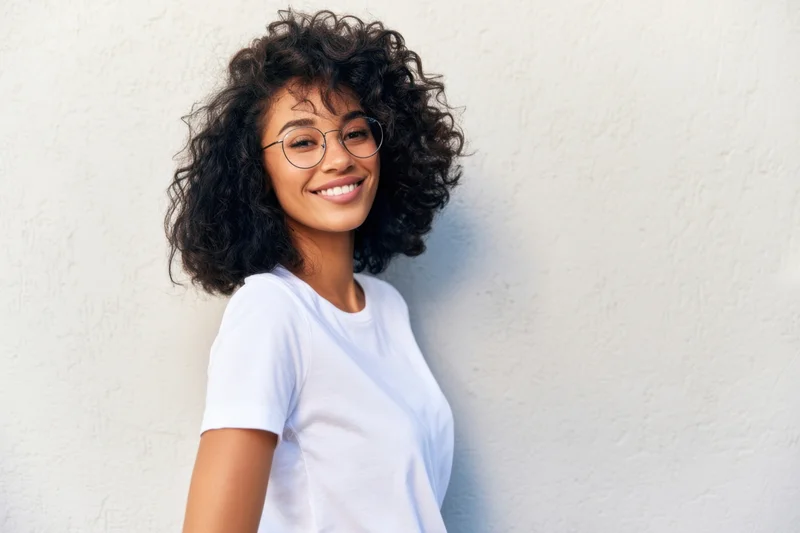 Young woman with curly black hair and round glasses smiling while leaning against a white wall