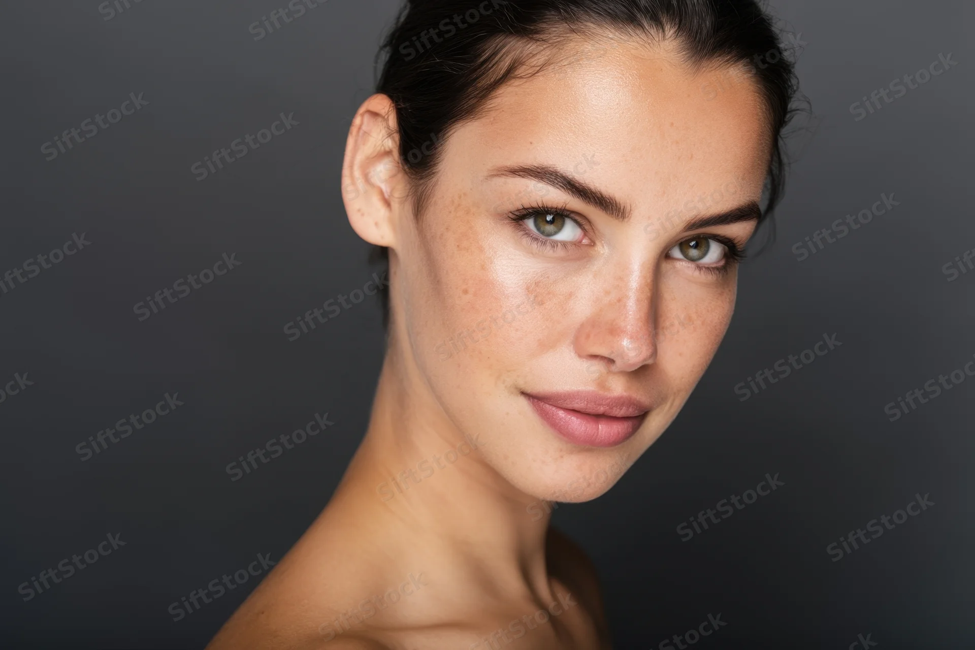 Young woman with freckles and dark hair pulled back looking at camera in studio portrait