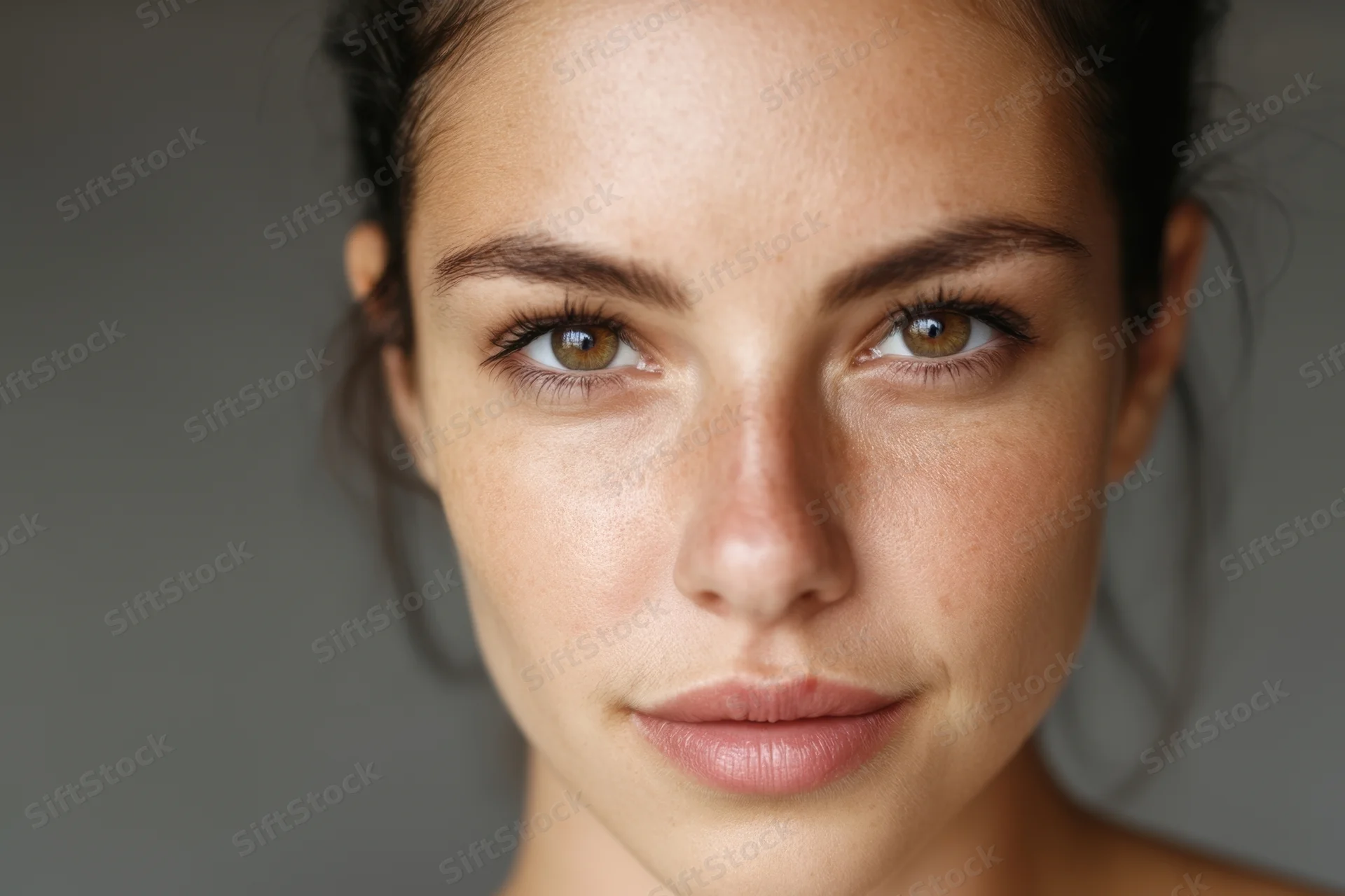 Closeup portrait of a young woman with freckles and dark hair pulled back, looking directly at camera with neutral expression