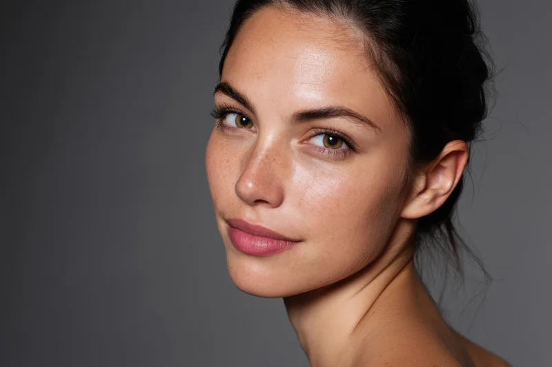 Young woman with freckles and dark hair pulled back, close-up portrait against gray background