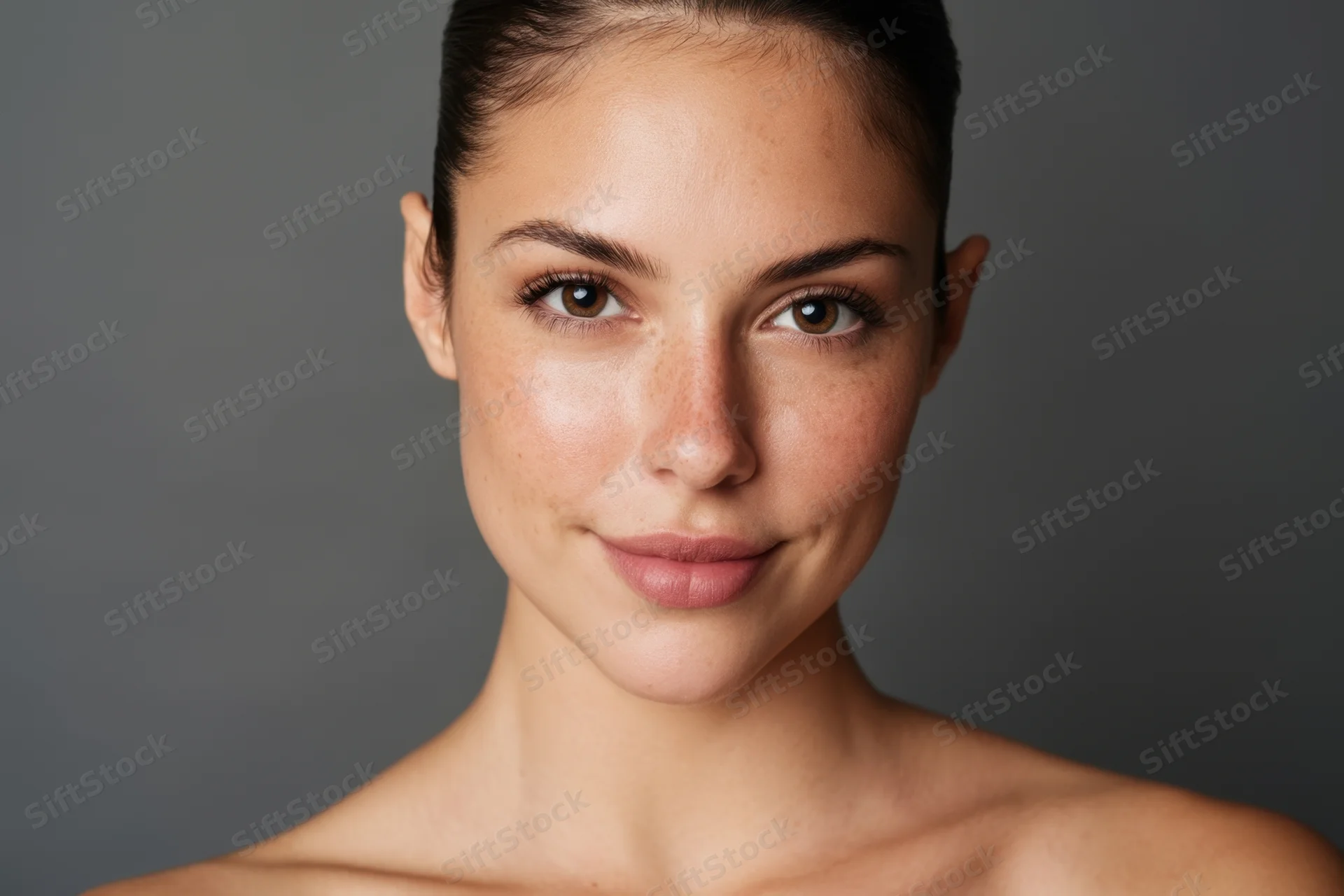 Young woman with freckles and dark hair pulled back, facing camera in studio portrait