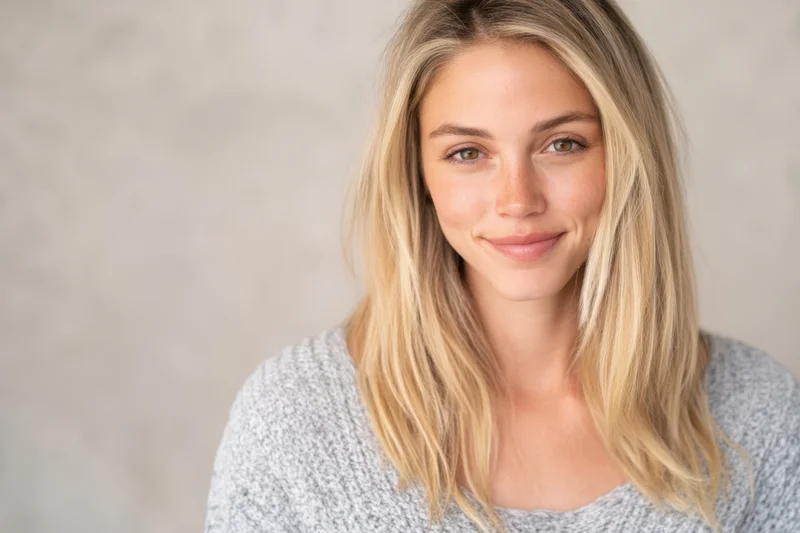 Young woman with long blonde hair smiling in a gray knit sweater against a neutral background