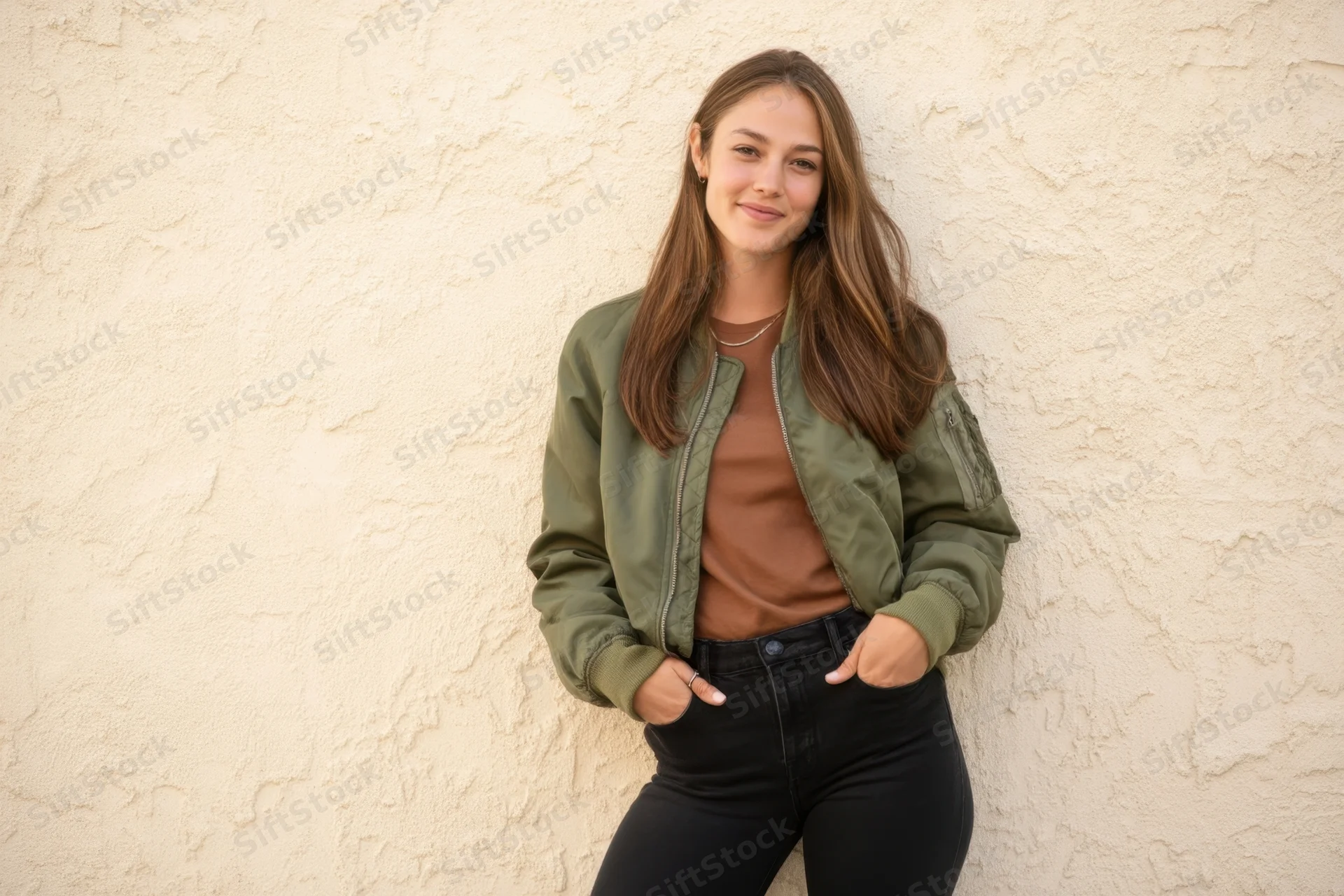 Young woman smiling while standing against a textured beige wall with hands in her pockets