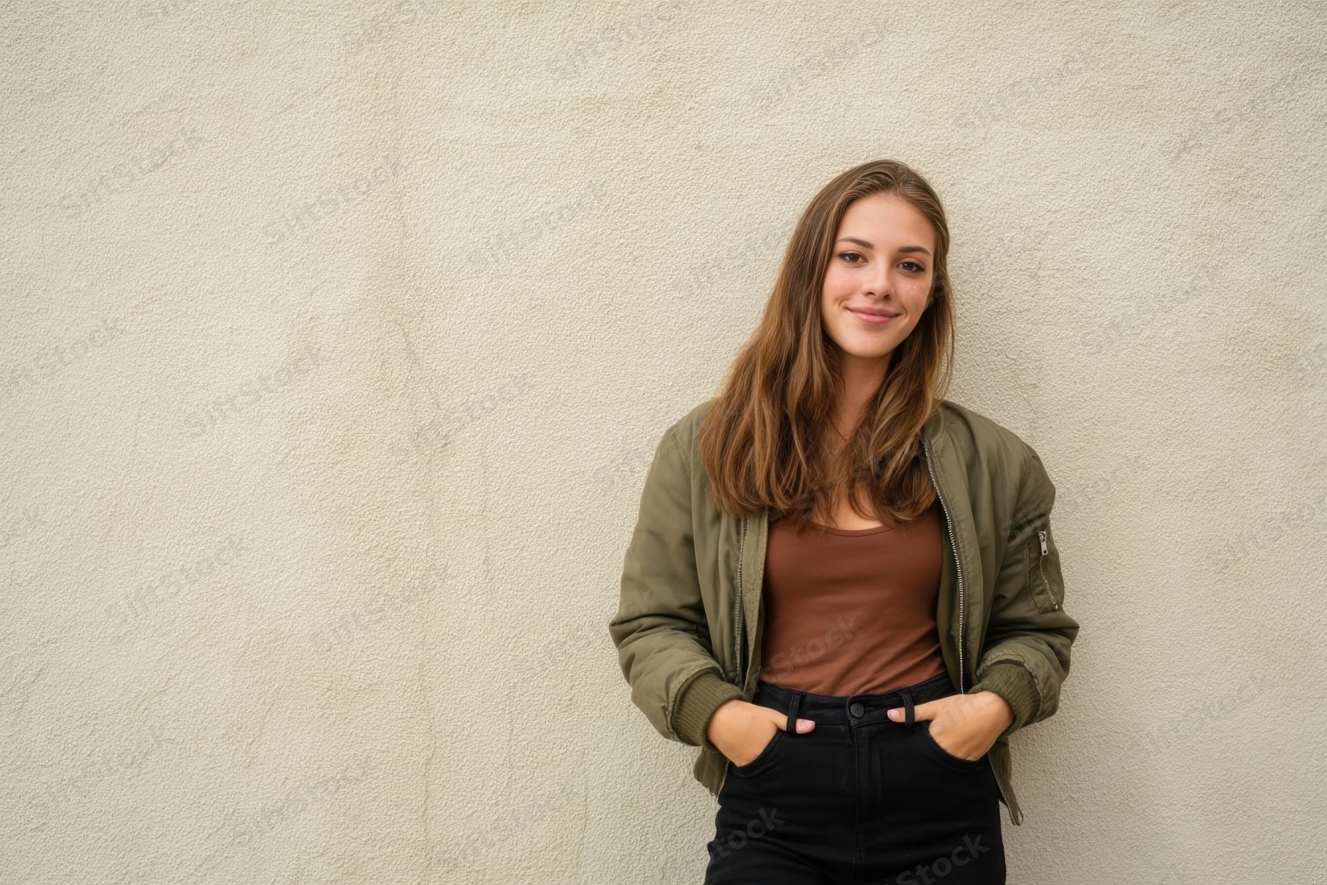 Young woman standing against textured wall with hands in pockets, smiling at camera