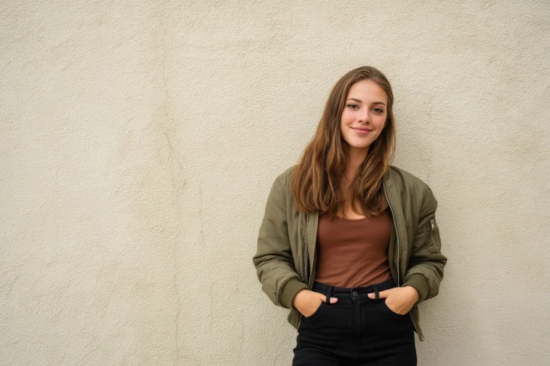 Young woman standing against textured wall with hands in pockets, smiling at camera