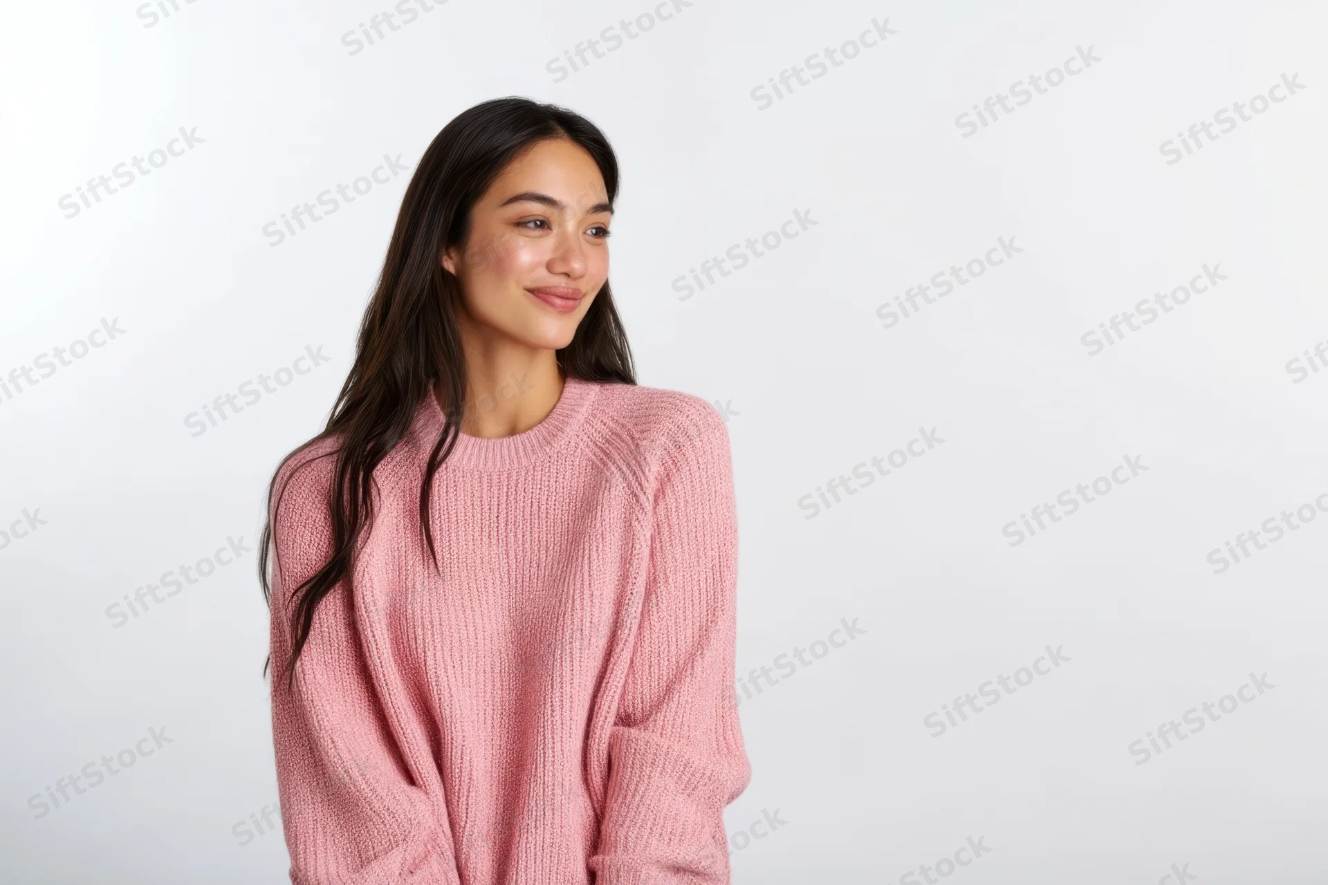 Young woman in soft pink knit sweater smiling against white background with copyspace