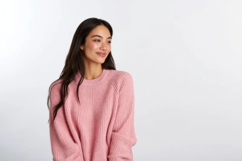 Young woman in soft pink knit sweater smiling against white background with copyspace