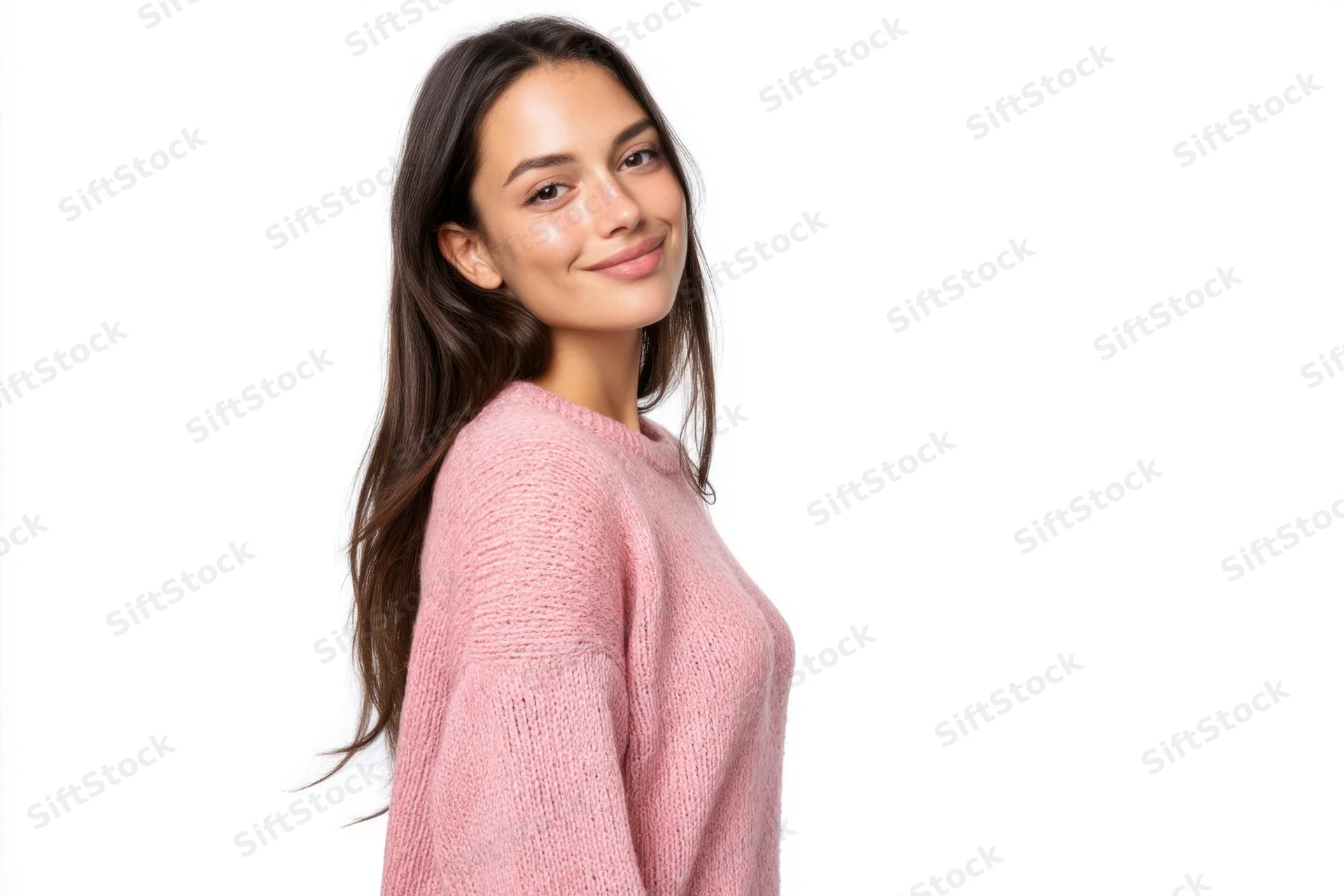 Young woman in soft pink knit sweater smiling in profile against white background