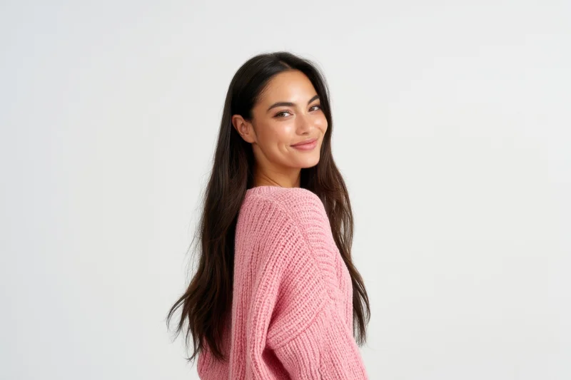 Young woman in soft pink knit sweater smiling over shoulder in studio setting