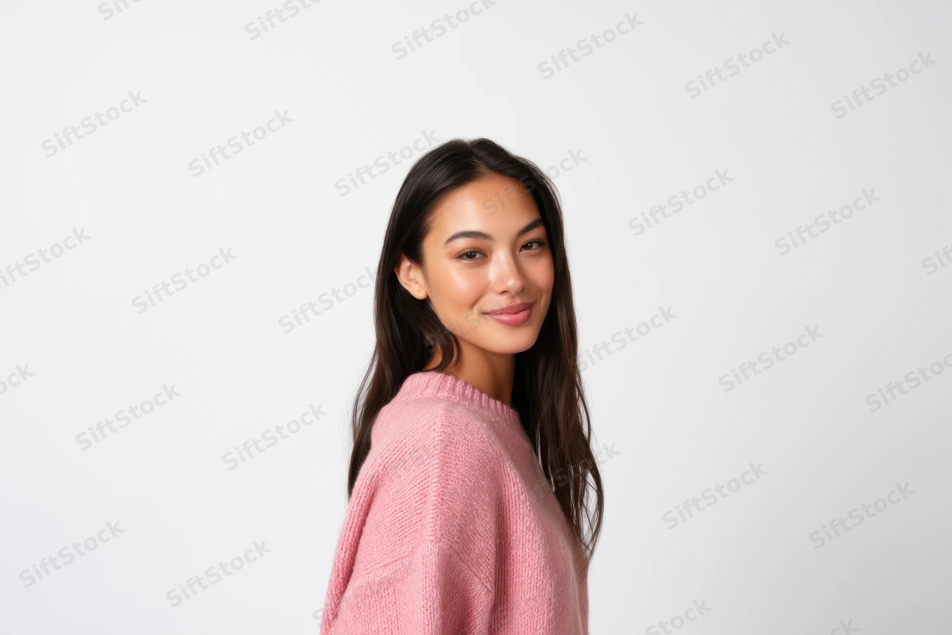 Young woman in pink knit sweater smiling over shoulder in studio setting