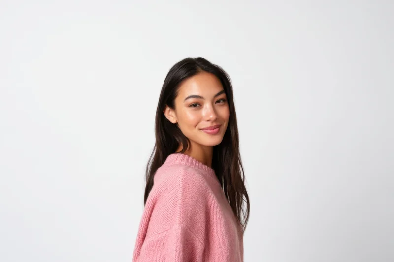 Young woman in pink knit sweater smiling over shoulder in studio setting