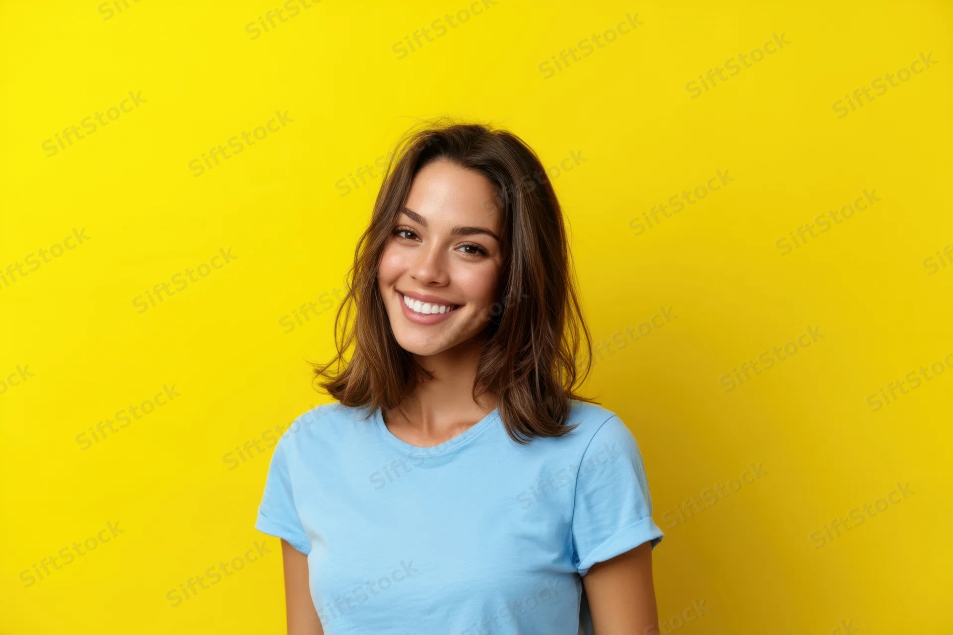 Young woman smiling in a blue tshirt against a yellow background