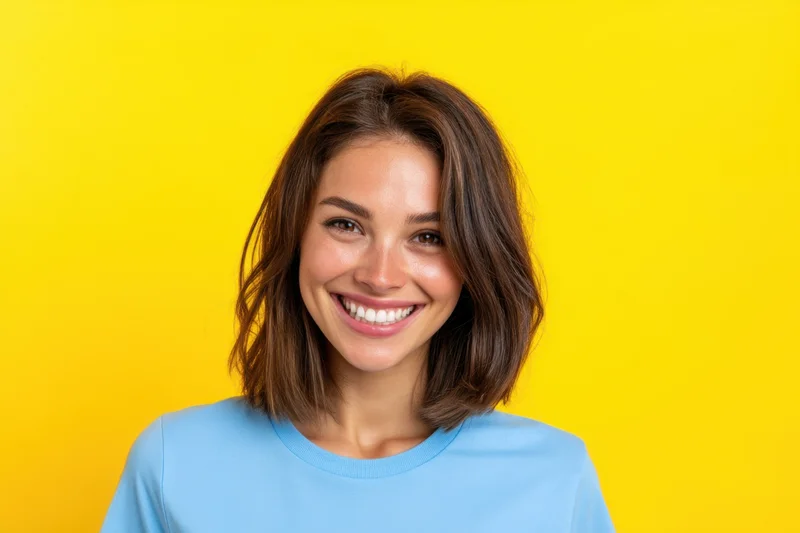 Young woman smiling at camera in blue shirt against yellow background